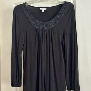 Charter Club Black L/S Embellished Neckline Shirt, Size Medium